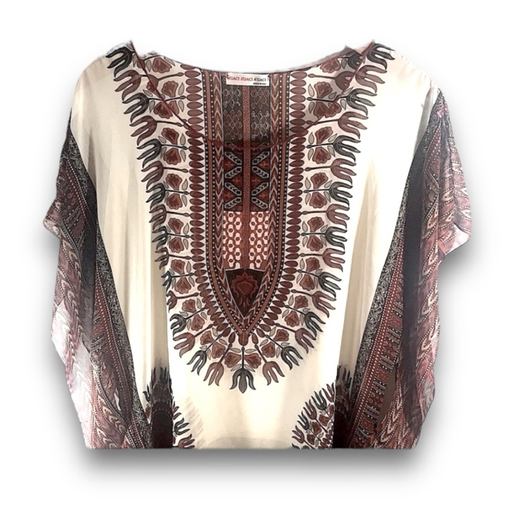 AGACI Vintage Sheer Caftan Top brown rust in a Tribal print One Size - Picture 2 of 6